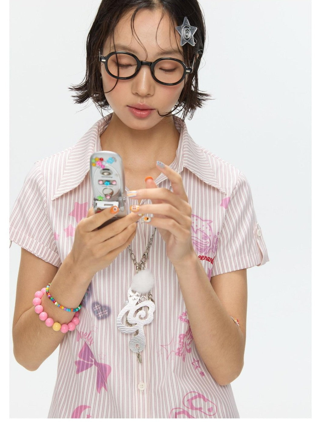 Pink Striped Print Stand Collar Waist Cinch Women's Poly Cotton Blend Blouses