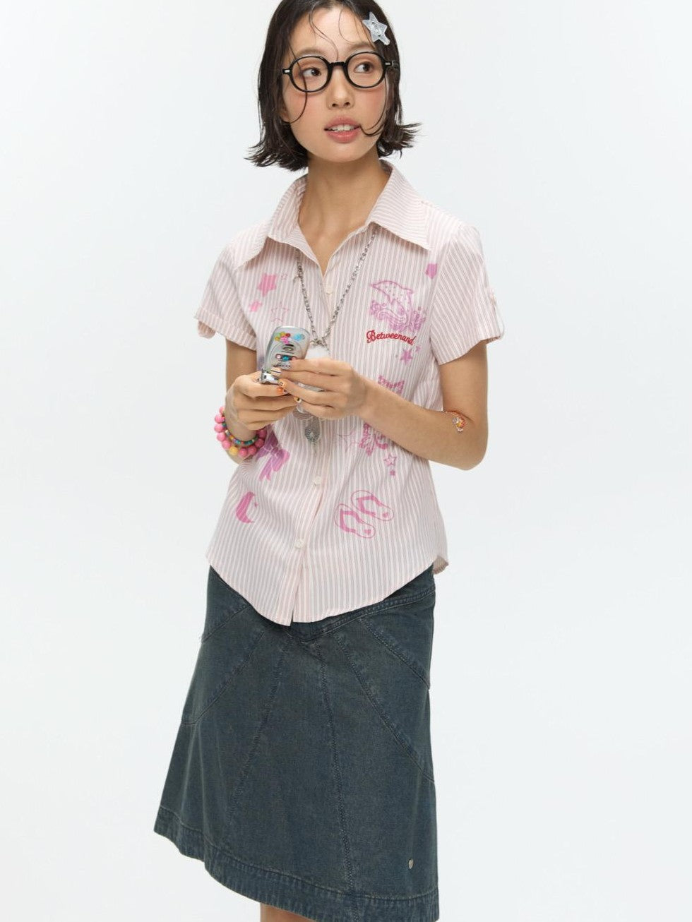 Pink Striped Print Stand Collar Waist Cinch Women's Poly Cotton Blend Blouses
