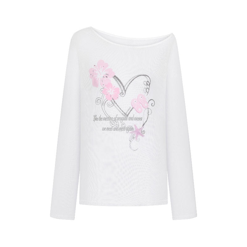 Pink Wave Floral Asymmetric Printed Women's Polyester Long Sleeve T-shirts