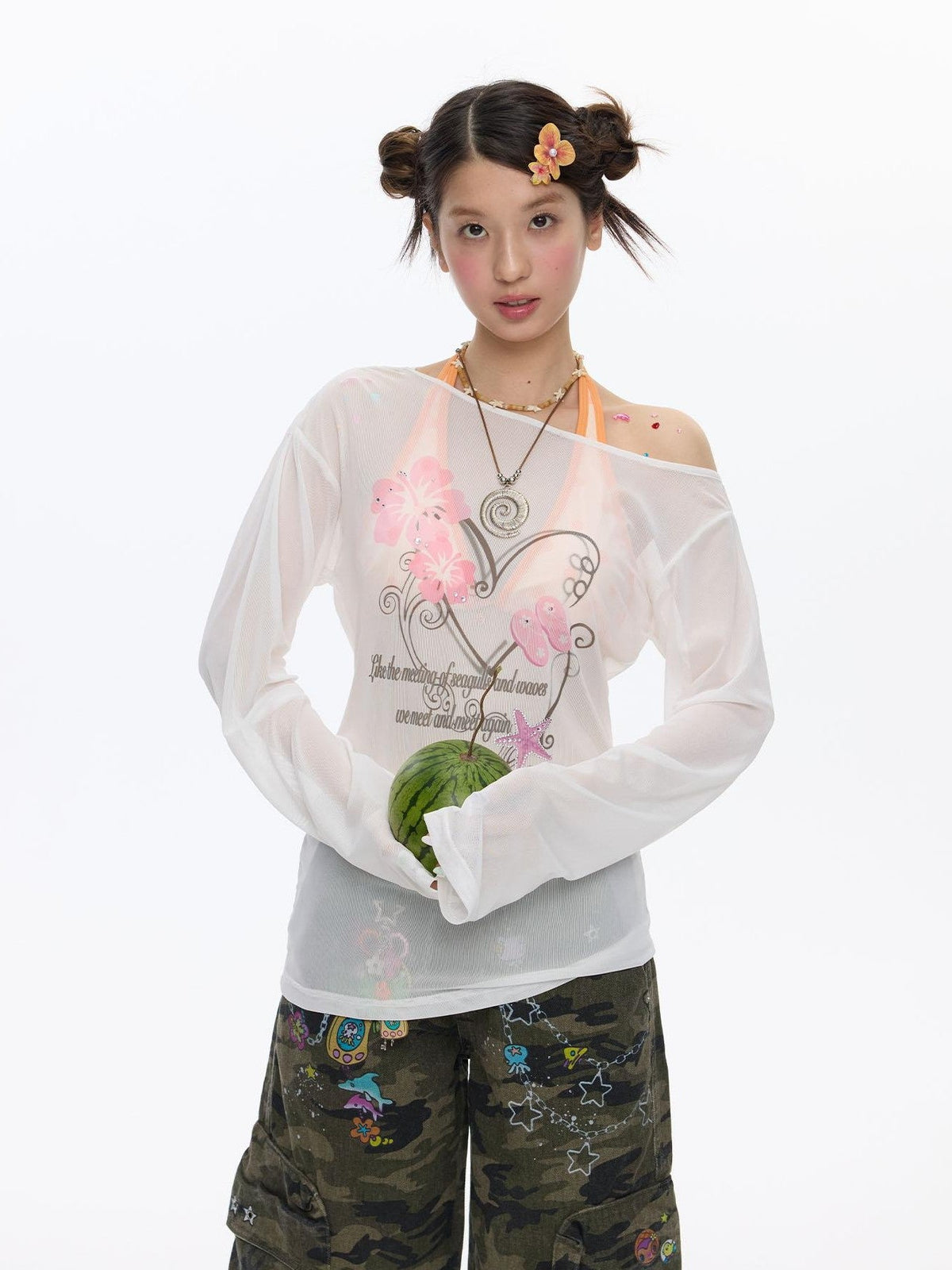 Pink Wave Floral Asymmetric Printed Women's Polyester Long Sleeve T-shirts