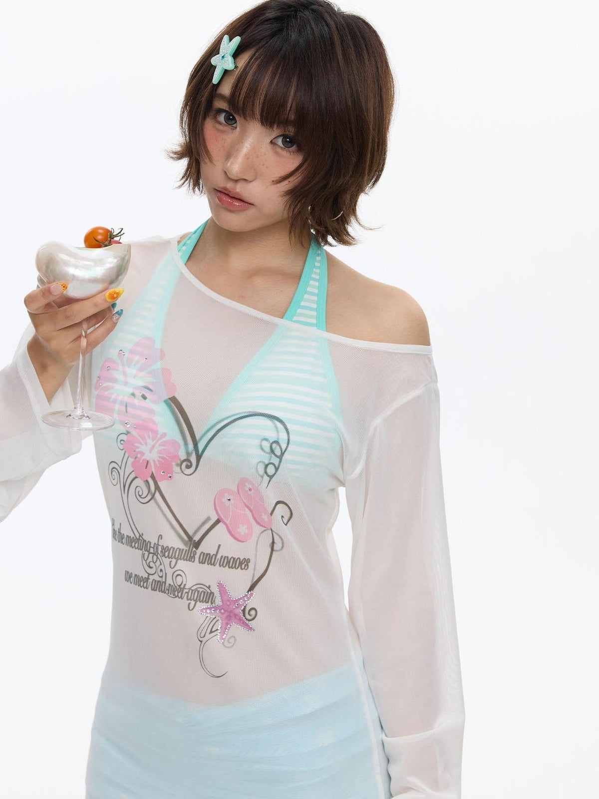 Pink Wave Floral Asymmetric Printed Women's Polyester Long Sleeve T-shirts