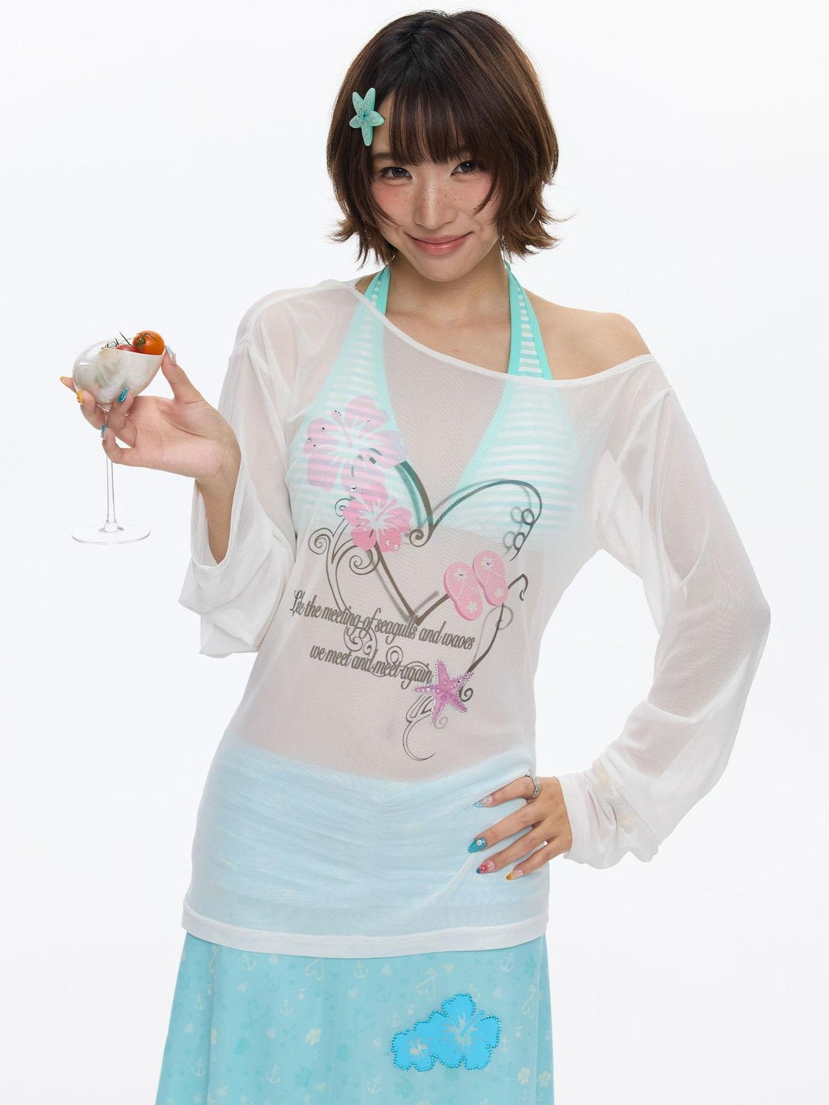 Pink Wave Floral Asymmetric Printed Women's Polyester Long Sleeve T-shirts