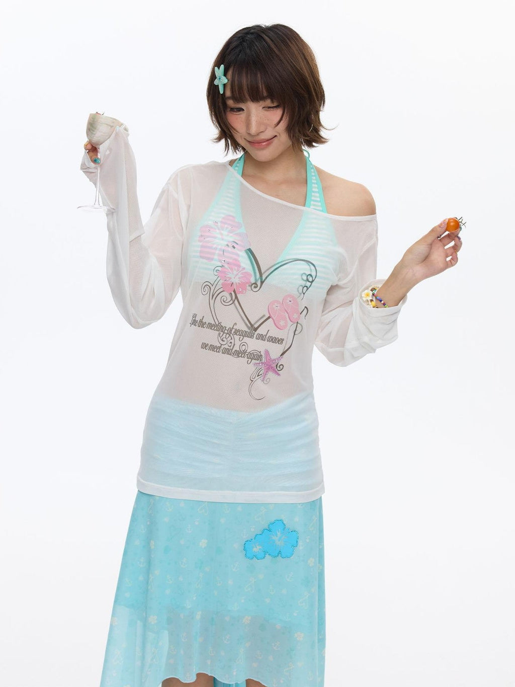 Pink Wave Floral Asymmetric Printed Women's Polyester Long Sleeve T-shirts