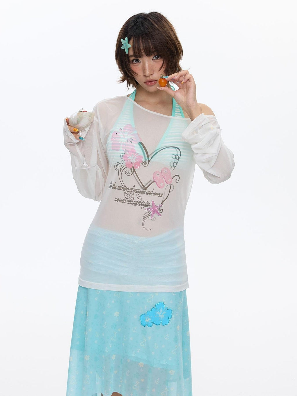 Pink Wave Floral Asymmetric Printed Women's Polyester Long Sleeve T-shirts