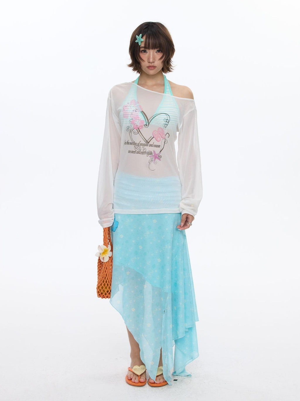 Pink Wave Floral Asymmetric Printed Women's Polyester Long Sleeve T-shirts