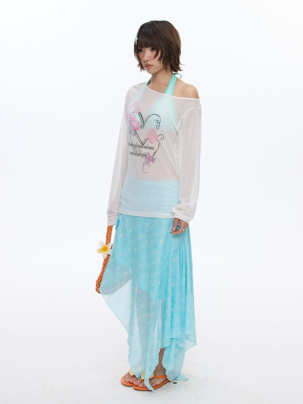 Pink Wave Floral Asymmetric Printed Women's Polyester Long Sleeve T-shirts