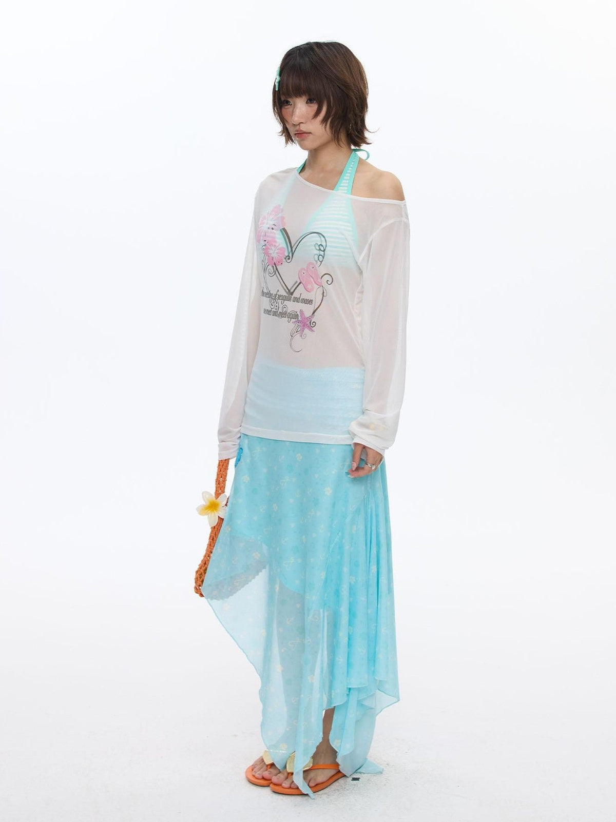 Pink Wave Floral Asymmetric Printed Women's Polyester Long Sleeve T-shirts