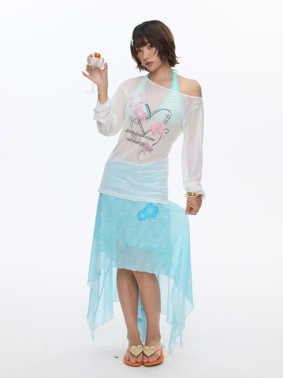 Pink Wave Floral Asymmetric Printed Women's Polyester Long Sleeve T-shirts
