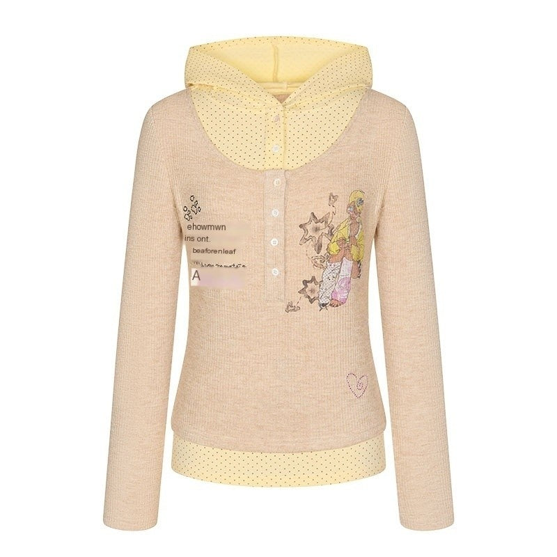 Polka Dot Patchwork Hooded Layered Loose Women's Viscose Long Sleeve T-shirts