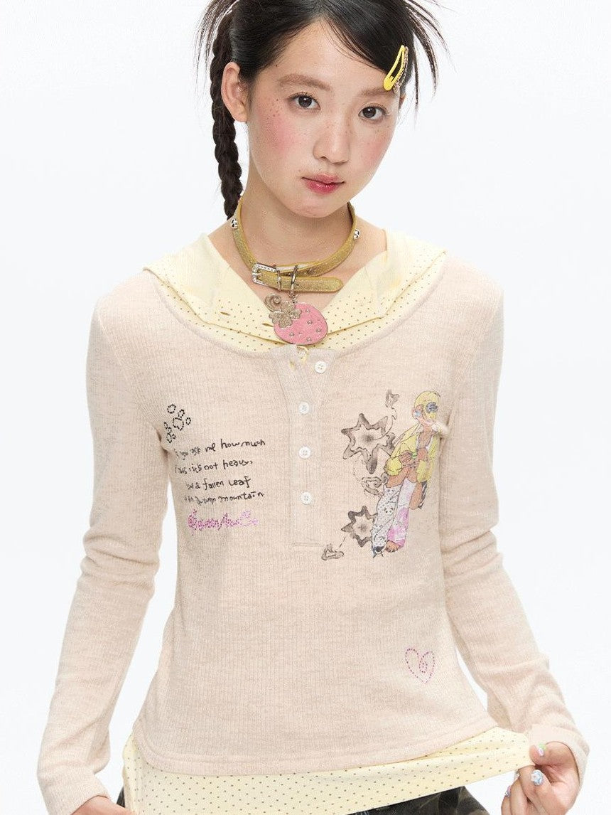 Polka Dot Patchwork Hooded Layered Loose Women's Viscose Long Sleeve T-shirts