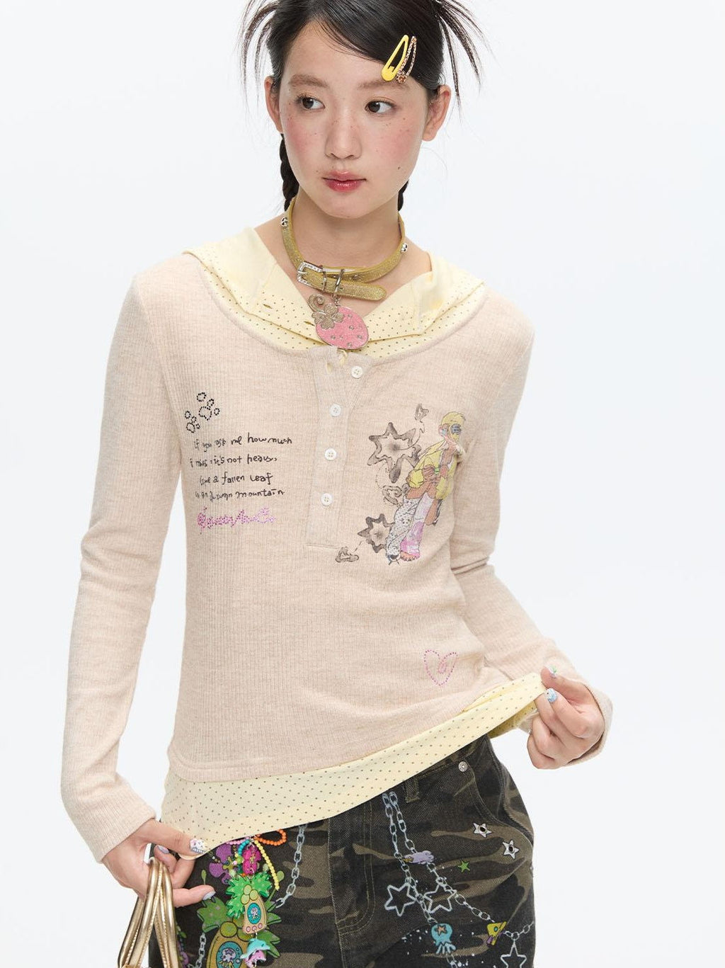 Polka Dot Patchwork Hooded Layered Loose Women's Viscose Long Sleeve T-shirts