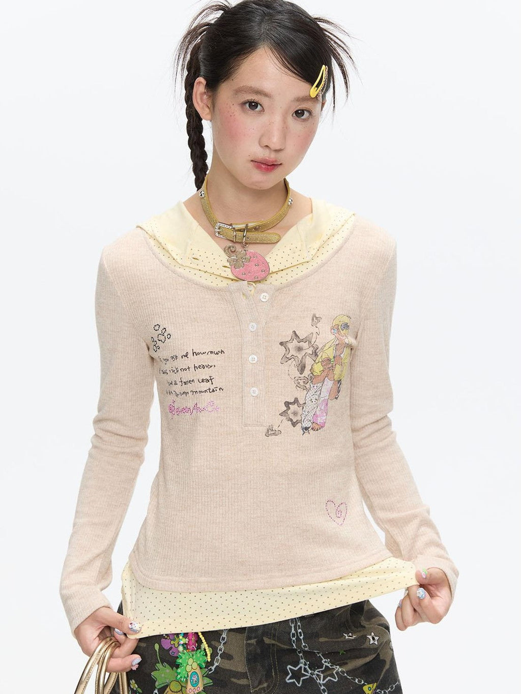 Polka Dot Patchwork Hooded Layered Loose Women's Viscose Long Sleeve T-shirts