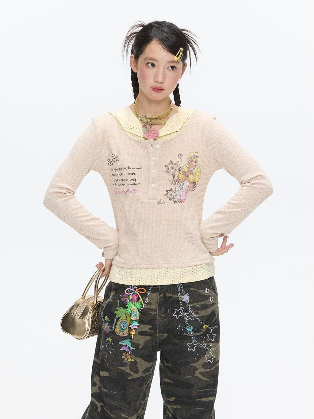 Polka Dot Patchwork Hooded Layered Loose Women's Viscose Long Sleeve T-shirts