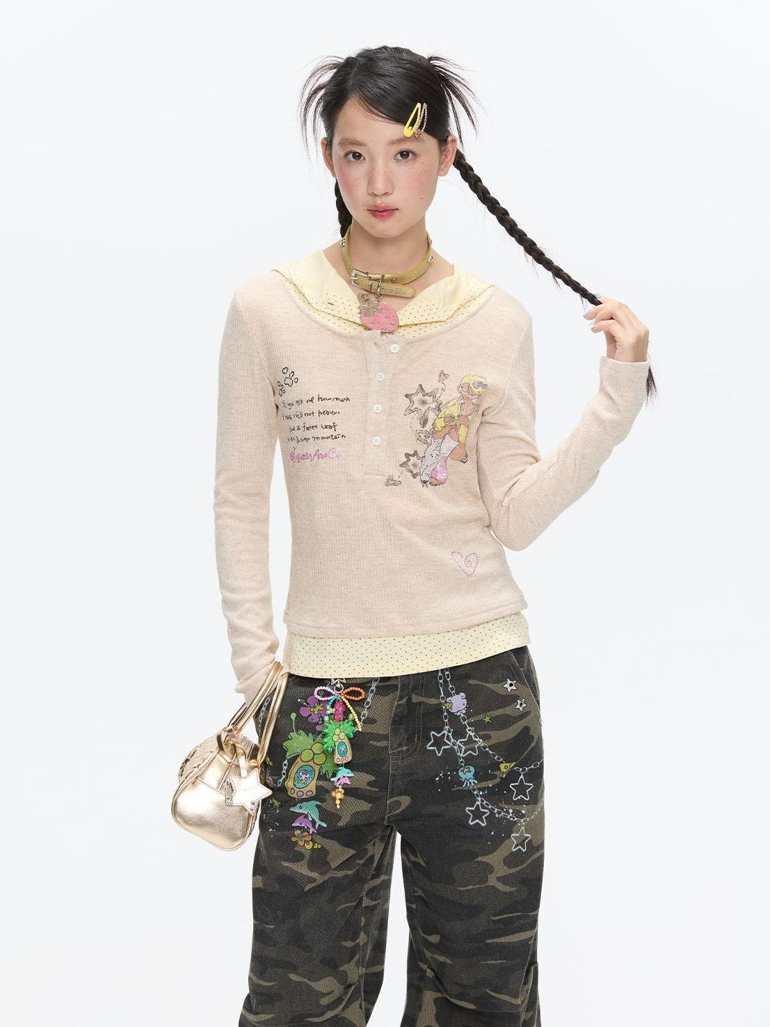 Polka Dot Patchwork Hooded Layered Loose Women's Viscose Long Sleeve T-shirts