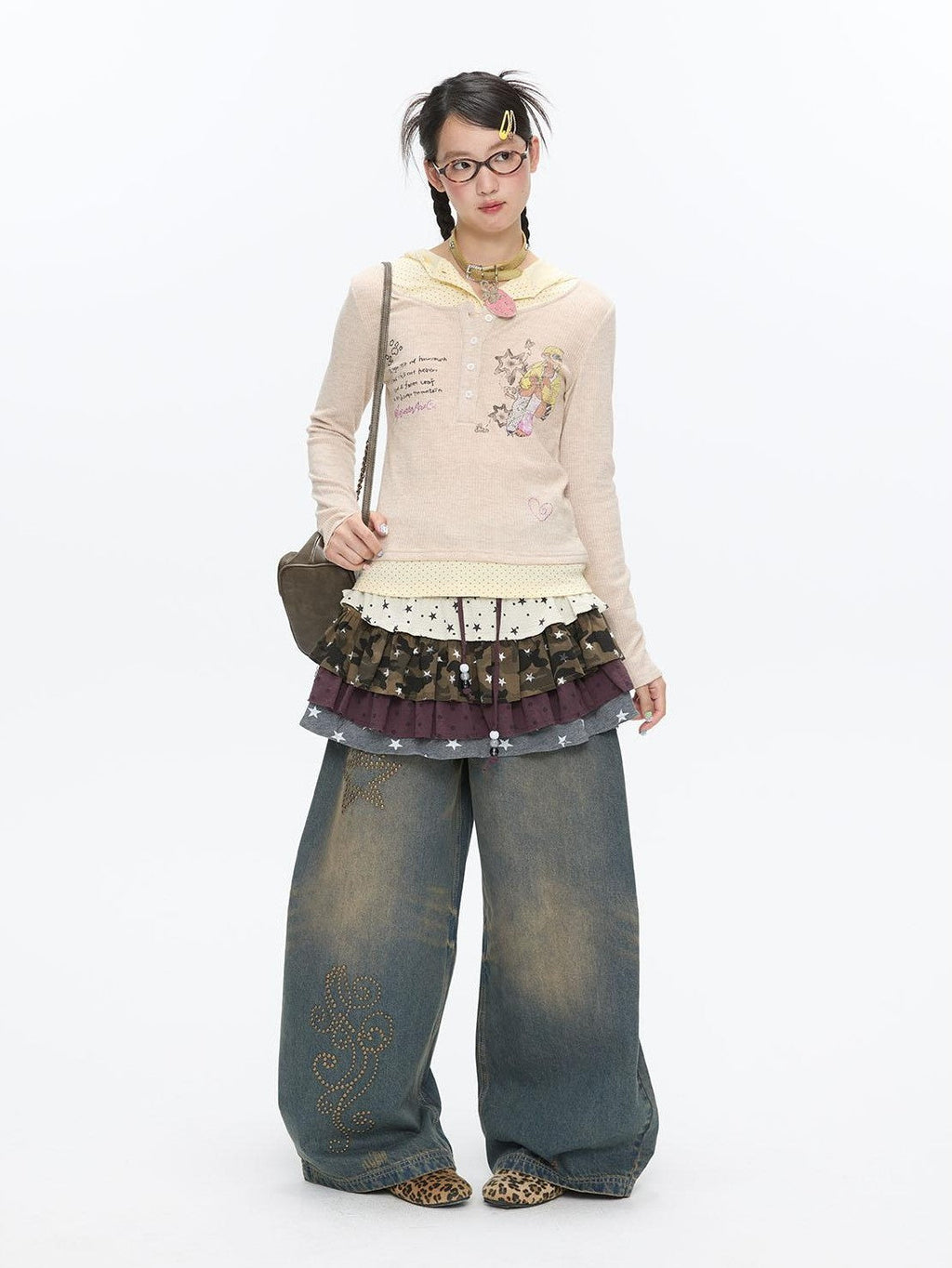 Polka Dot Patchwork Hooded Layered Loose Women's Viscose Long Sleeve T-shirts