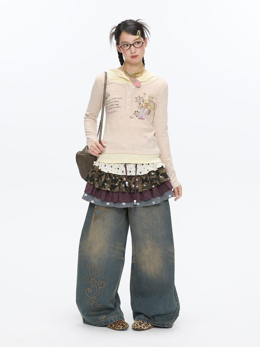 Polka Dot Patchwork Hooded Layered Loose Women's Viscose Long Sleeve T-shirts