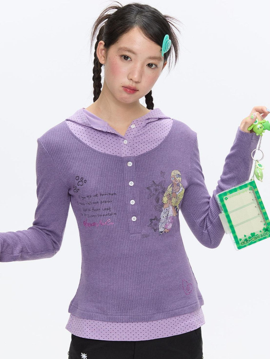 Polka Dot Patchwork Hooded Layered Loose Women's Viscose Long Sleeve T-shirts