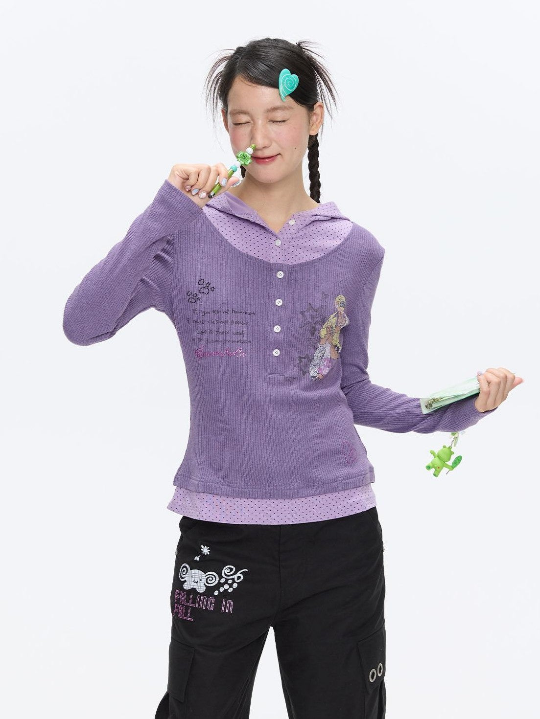 Polka Dot Patchwork Hooded Layered Loose Women's Viscose Long Sleeve T-shirts