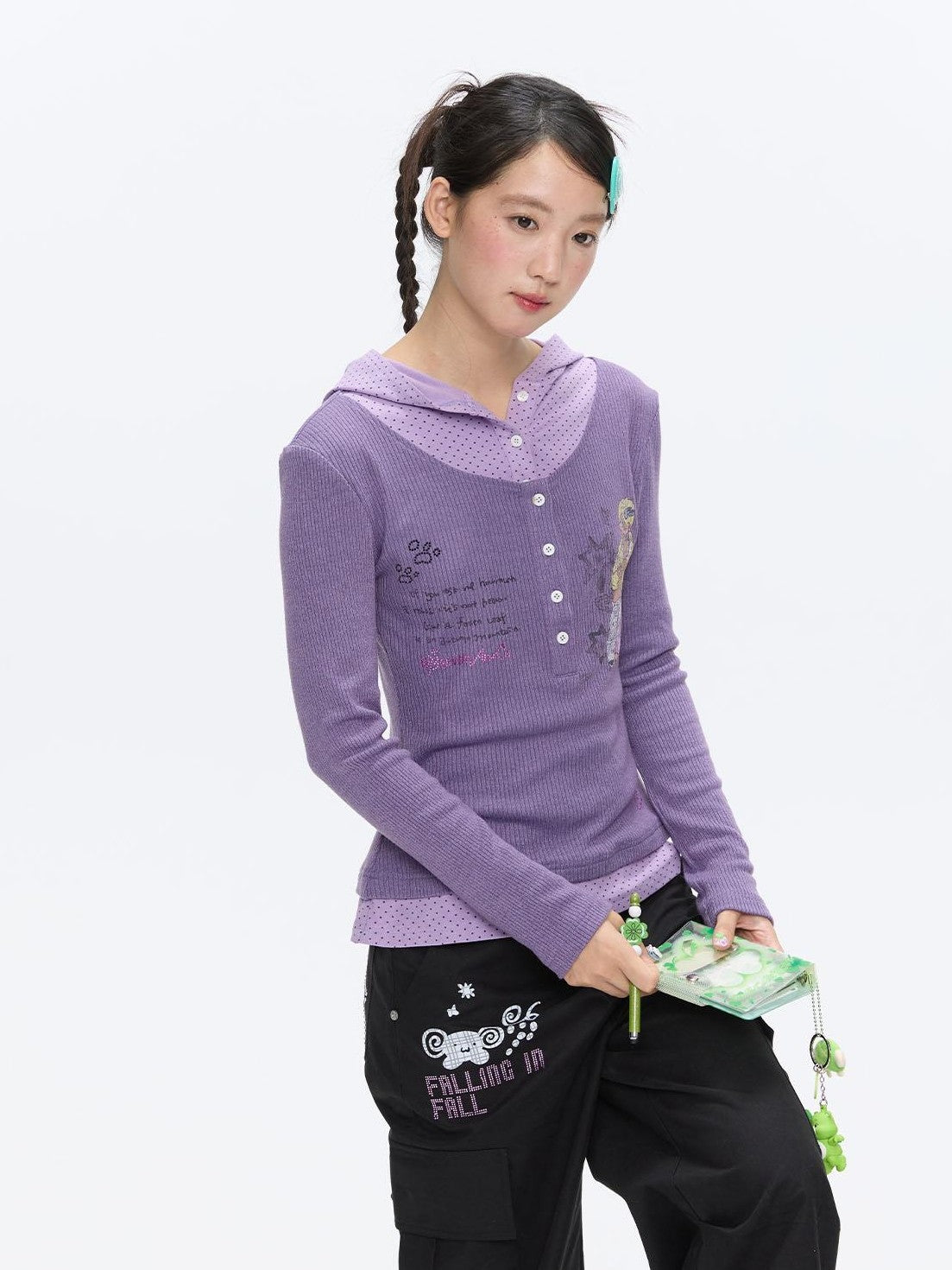 Polka Dot Patchwork Hooded Layered Loose Women's Viscose Long Sleeve T-shirts