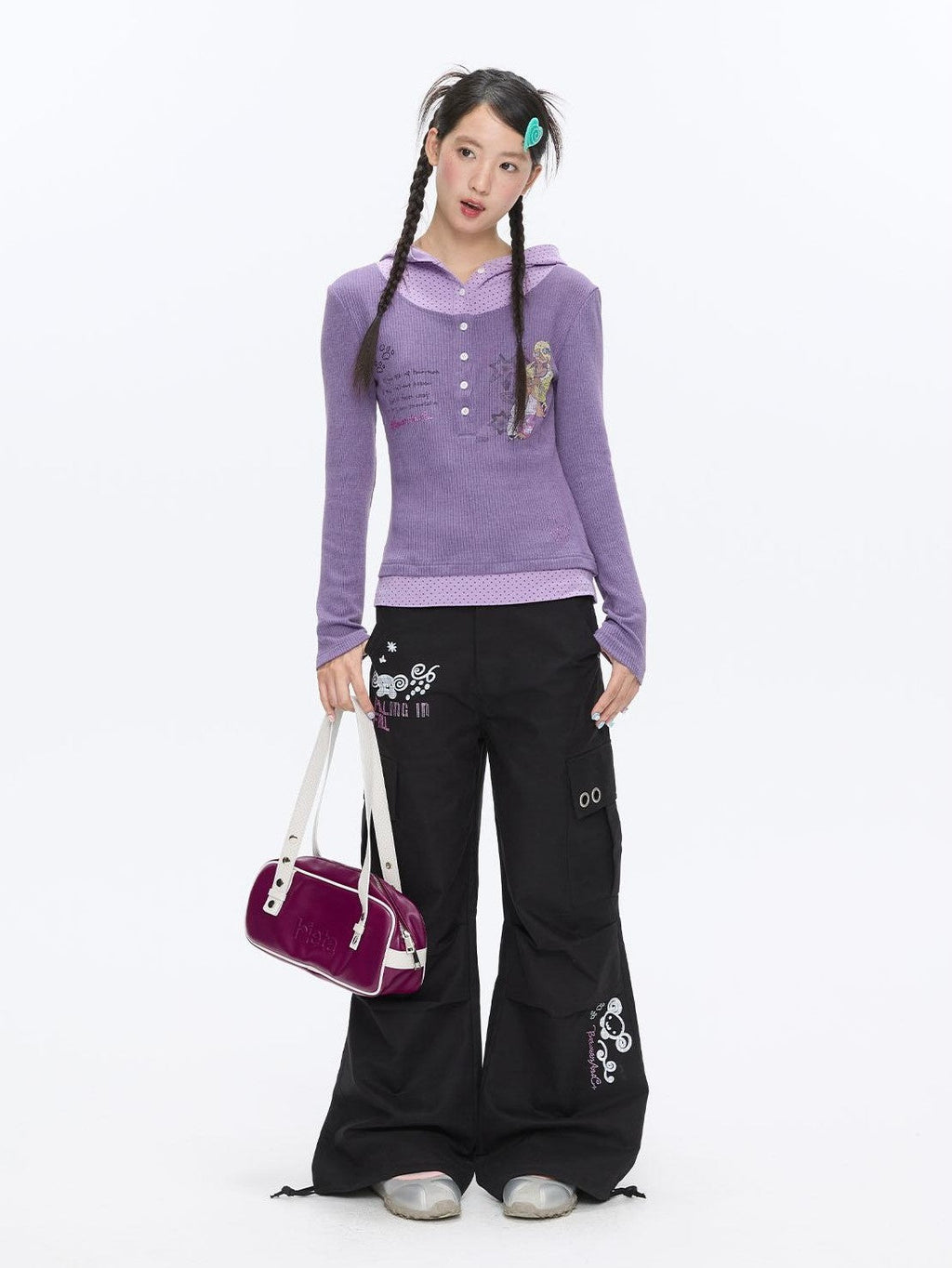 Polka Dot Patchwork Hooded Layered Loose Women's Viscose Long Sleeve T-shirts