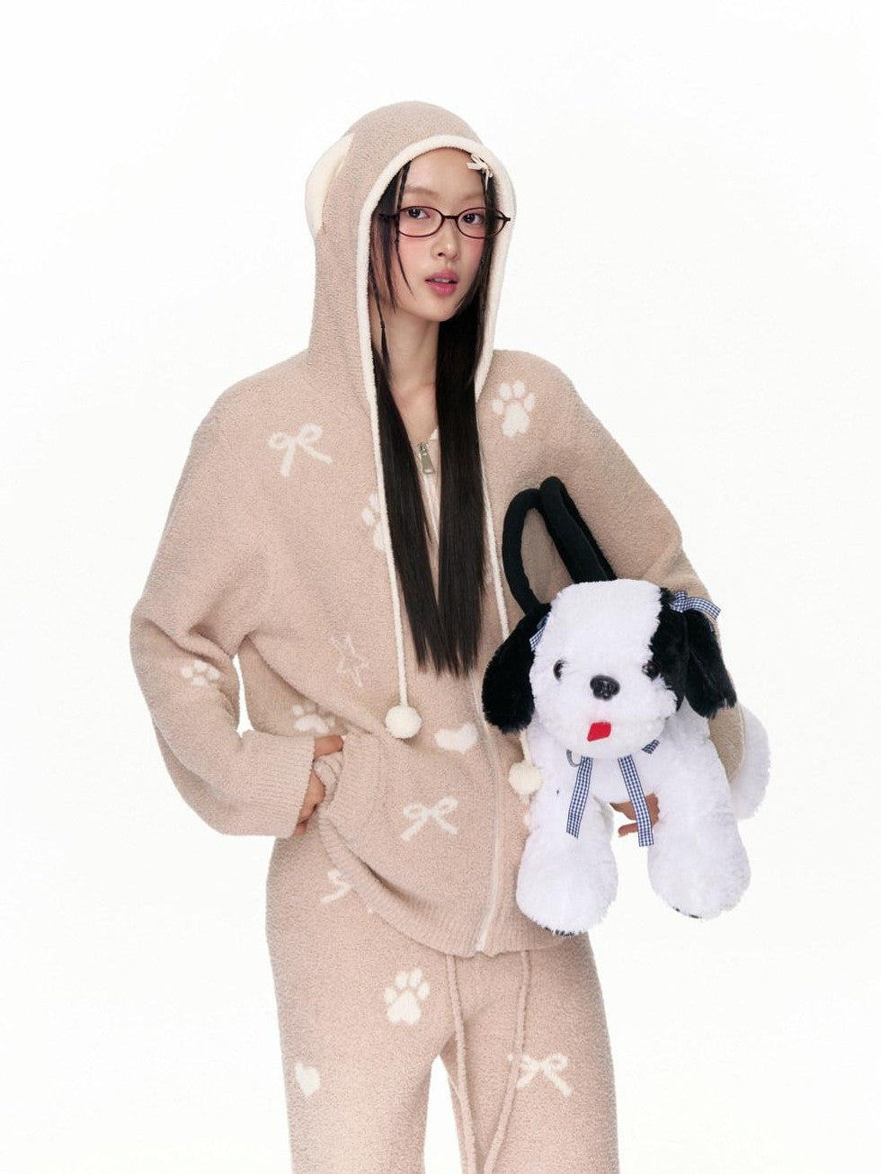 Puppy Paw Hooded Warm Soft Women's Polyester Lounge Top & Pants Sets
