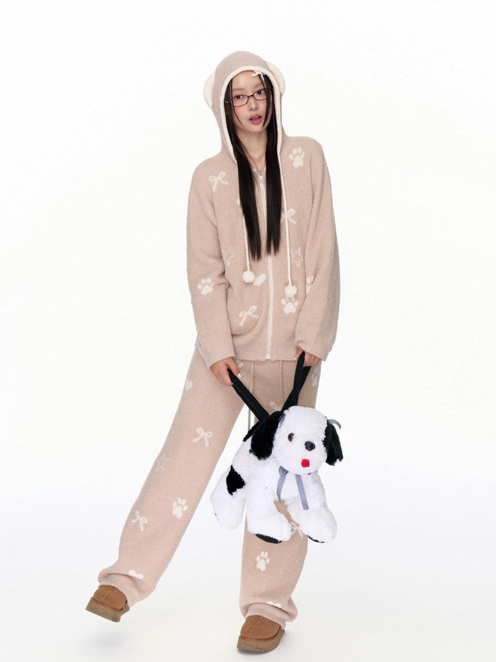 Puppy Paw Hooded Warm Soft Women's Polyester Lounge Top & Pants Sets