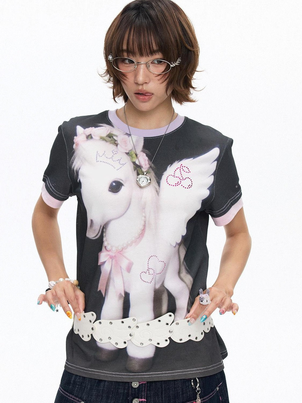 Purple Pony Print Patchwork Women's Cotton Short Sleeve T-shirts