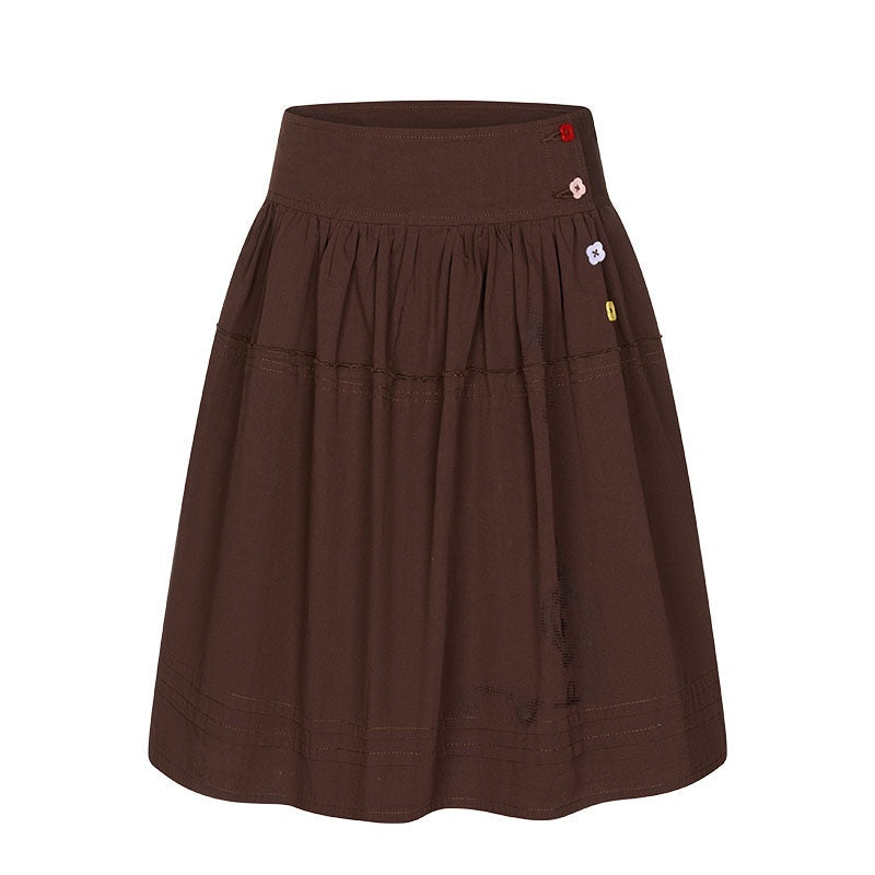 Red Brown Heart Lock Vine Print High Waist Women's Cotton Blend Midi Skirts
