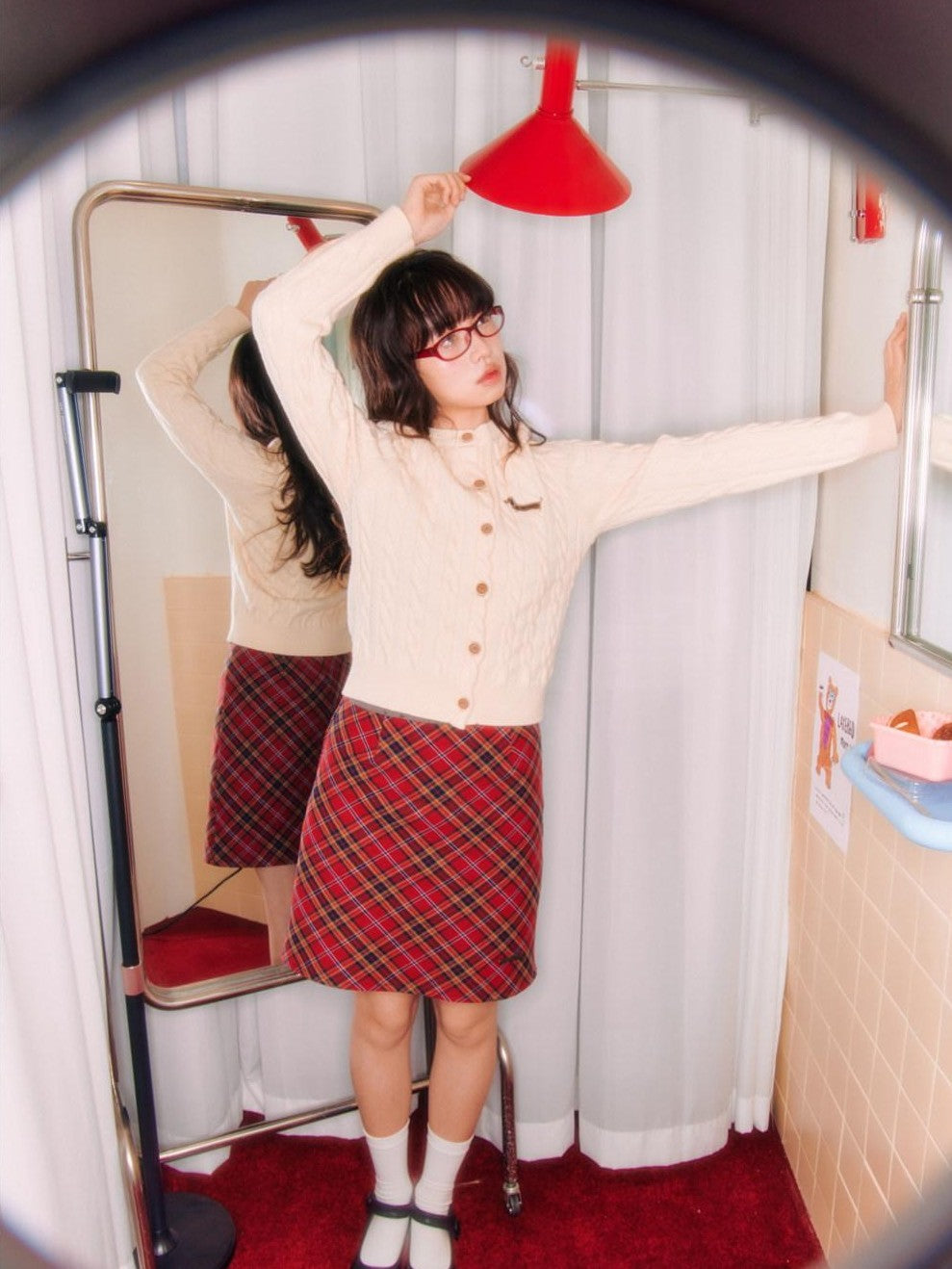 Red Plaid Embroidered A Line Mid Waist Women's Cotton Mini Skirts