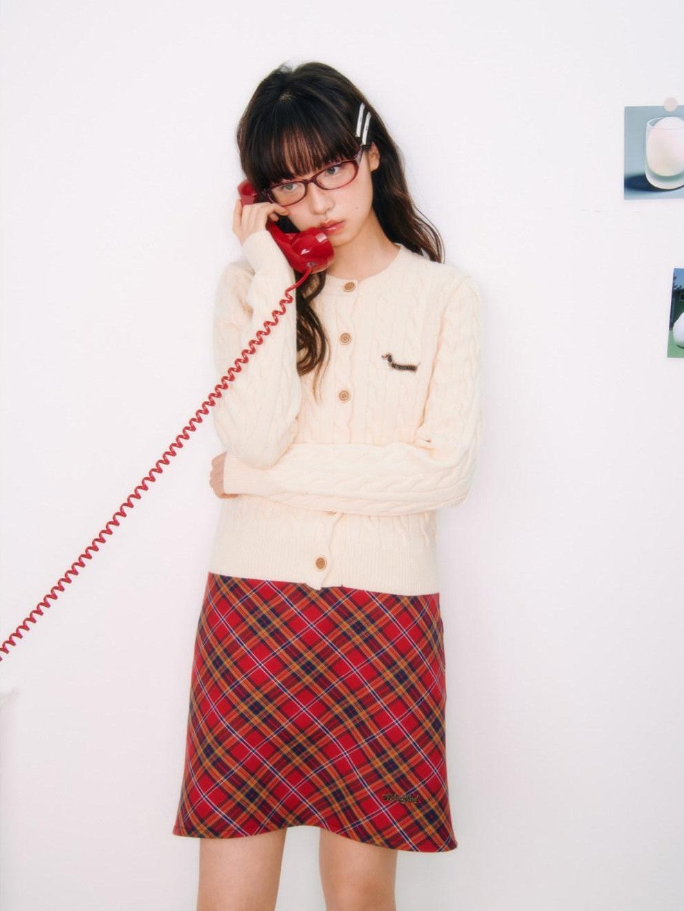 Red Plaid Embroidered A Line Mid Waist Women's Cotton Mini Skirts