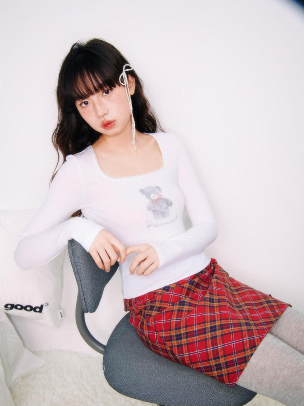 Red Plaid Embroidered A Line Mid Waist Women's Cotton Mini Skirts