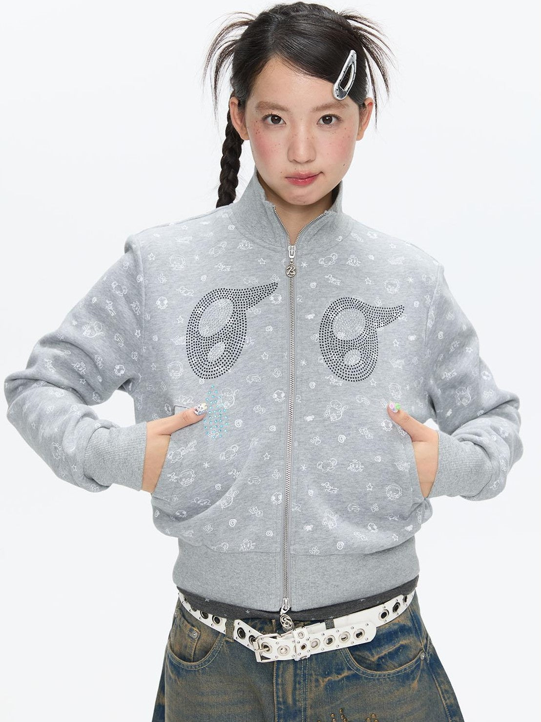 Rhinestone Big Eye Allover Print Cropped Women's Fleece Lined Zip-up Hoodies
