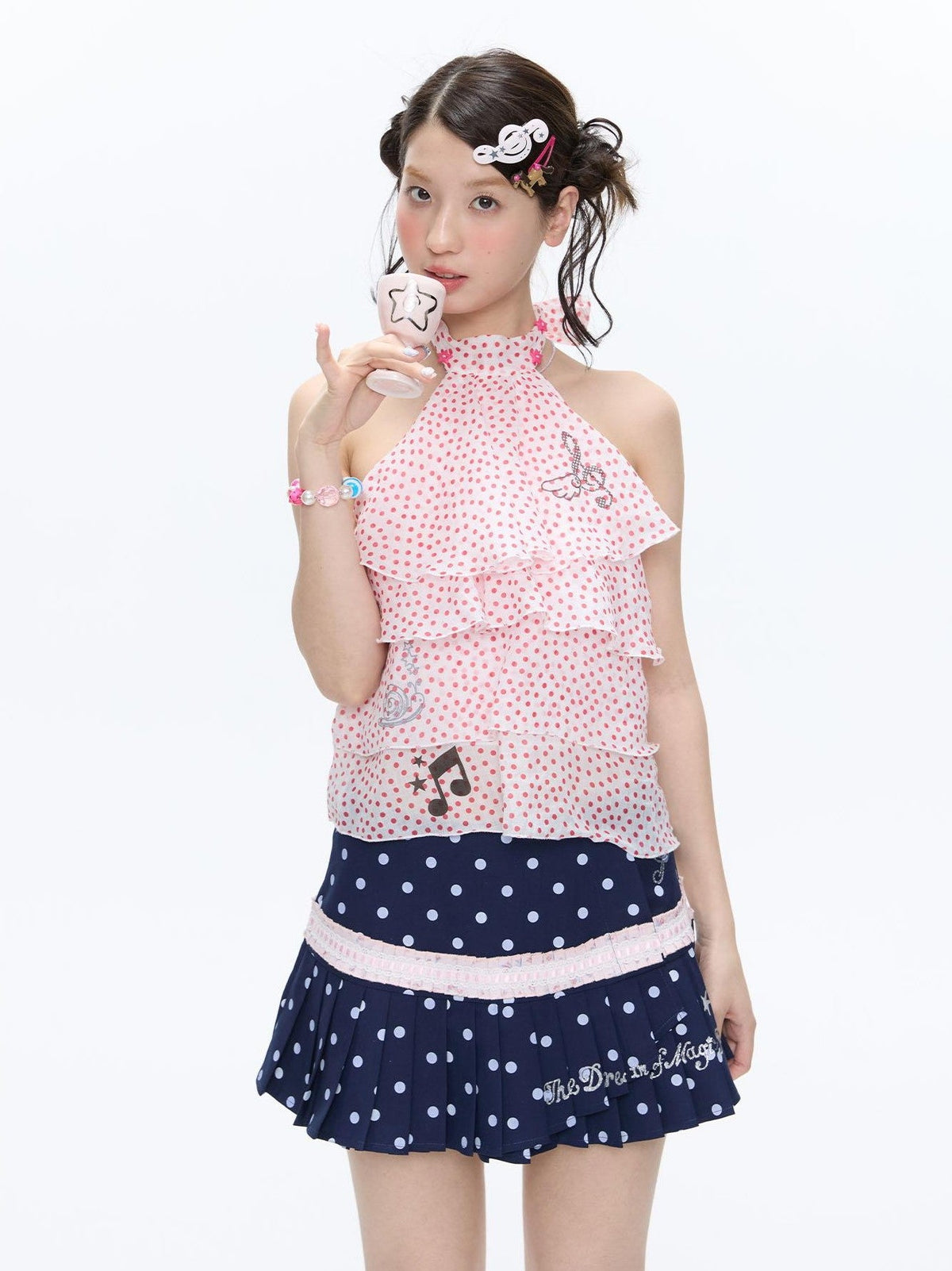 Rose Pink Polka Dot Print Wing Halter Slim Women's Ramie Tank Tops