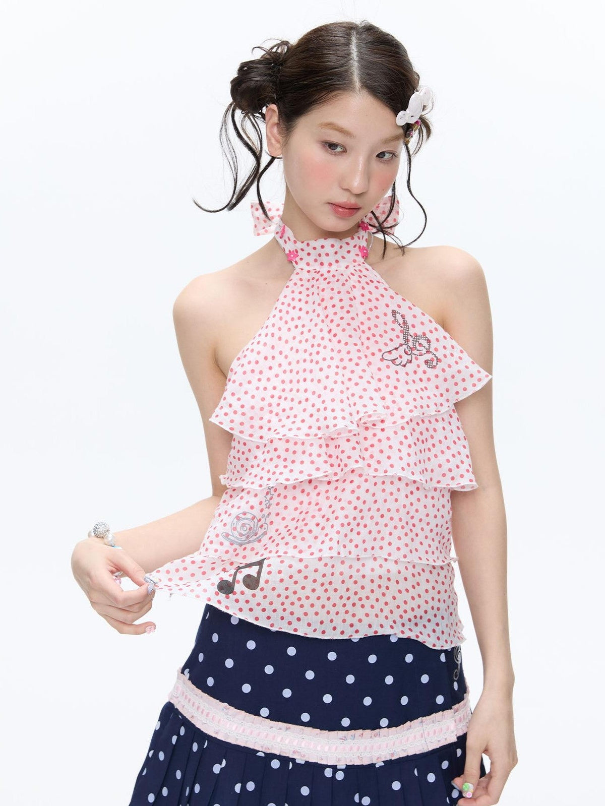 Rose Pink Polka Dot Print Wing Halter Slim Women's Ramie Tank Tops