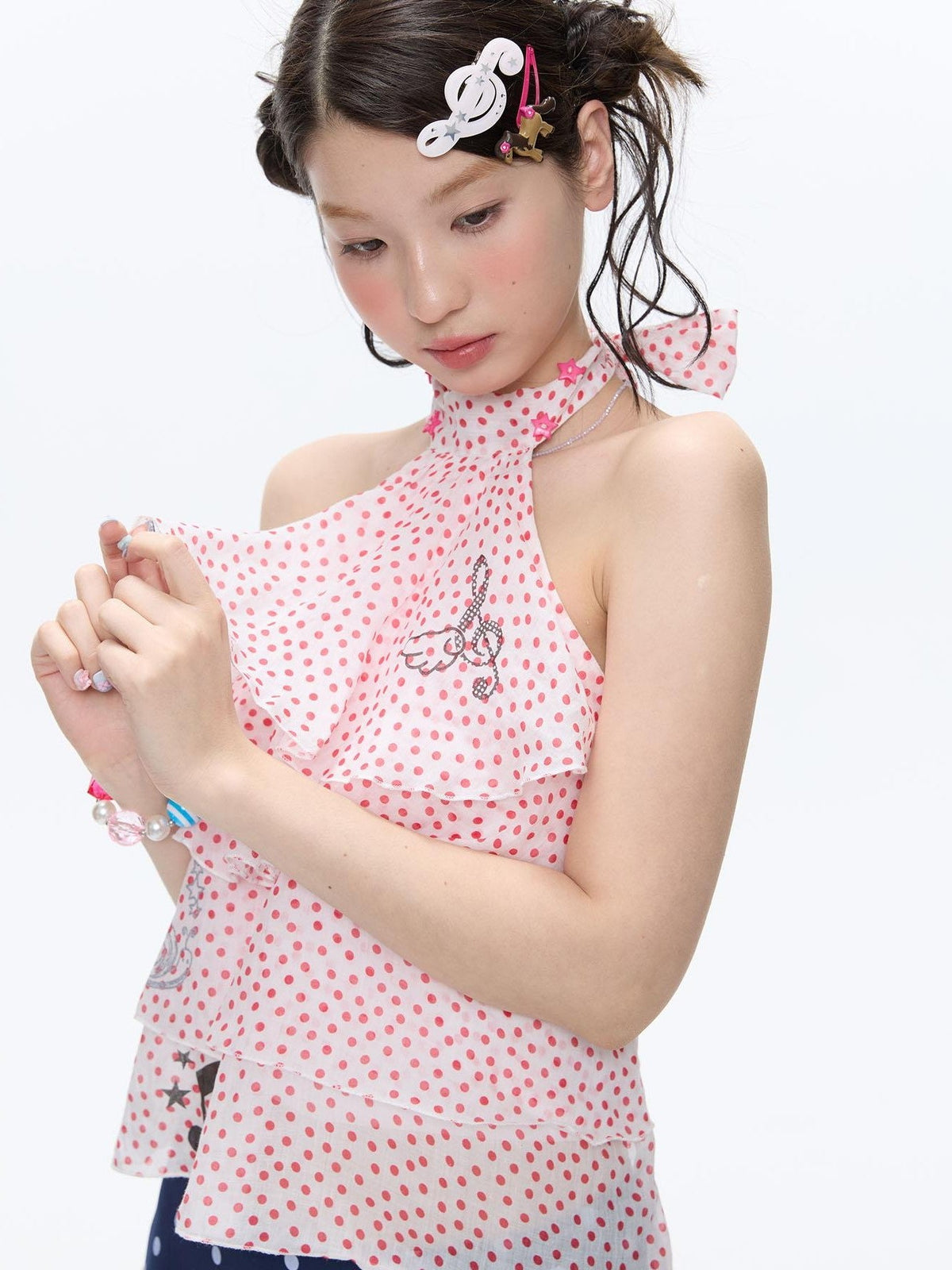 Rose Pink Polka Dot Print Wing Halter Slim Women's Ramie Tank Tops
