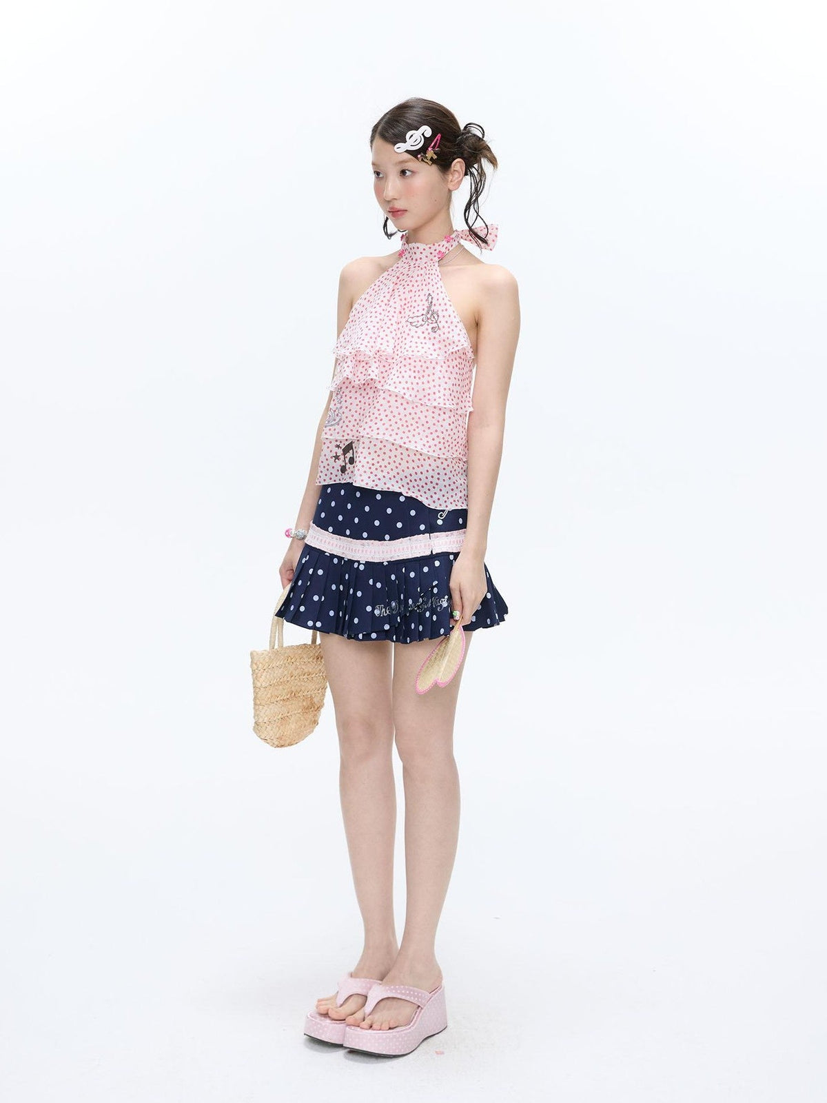 Rose Pink Polka Dot Print Wing Halter Slim Women's Ramie Tank Tops