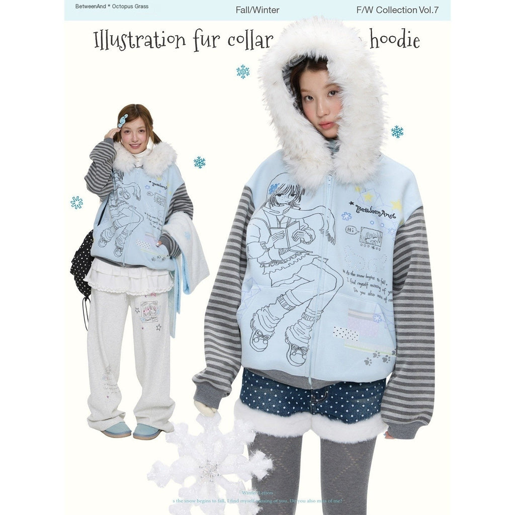 Sea Salt Blue Cartoon Print Rhinestone Hooded Women's Polyester Blend Hoodies