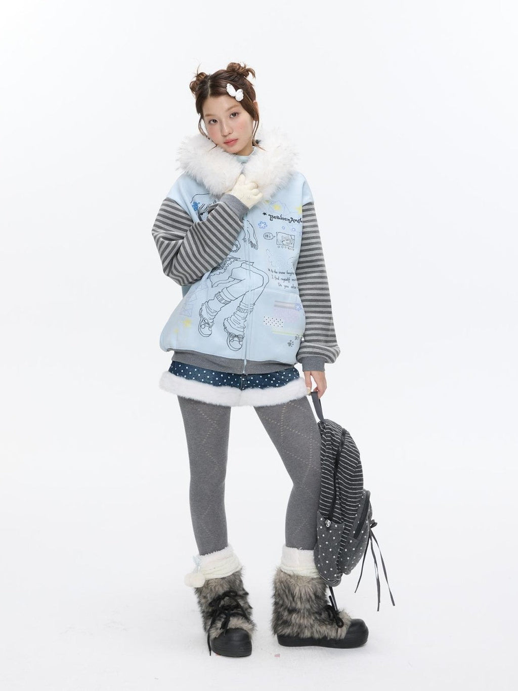 Sea Salt Blue Cartoon Print Rhinestone Hooded Women's Polyester Blend Hoodies