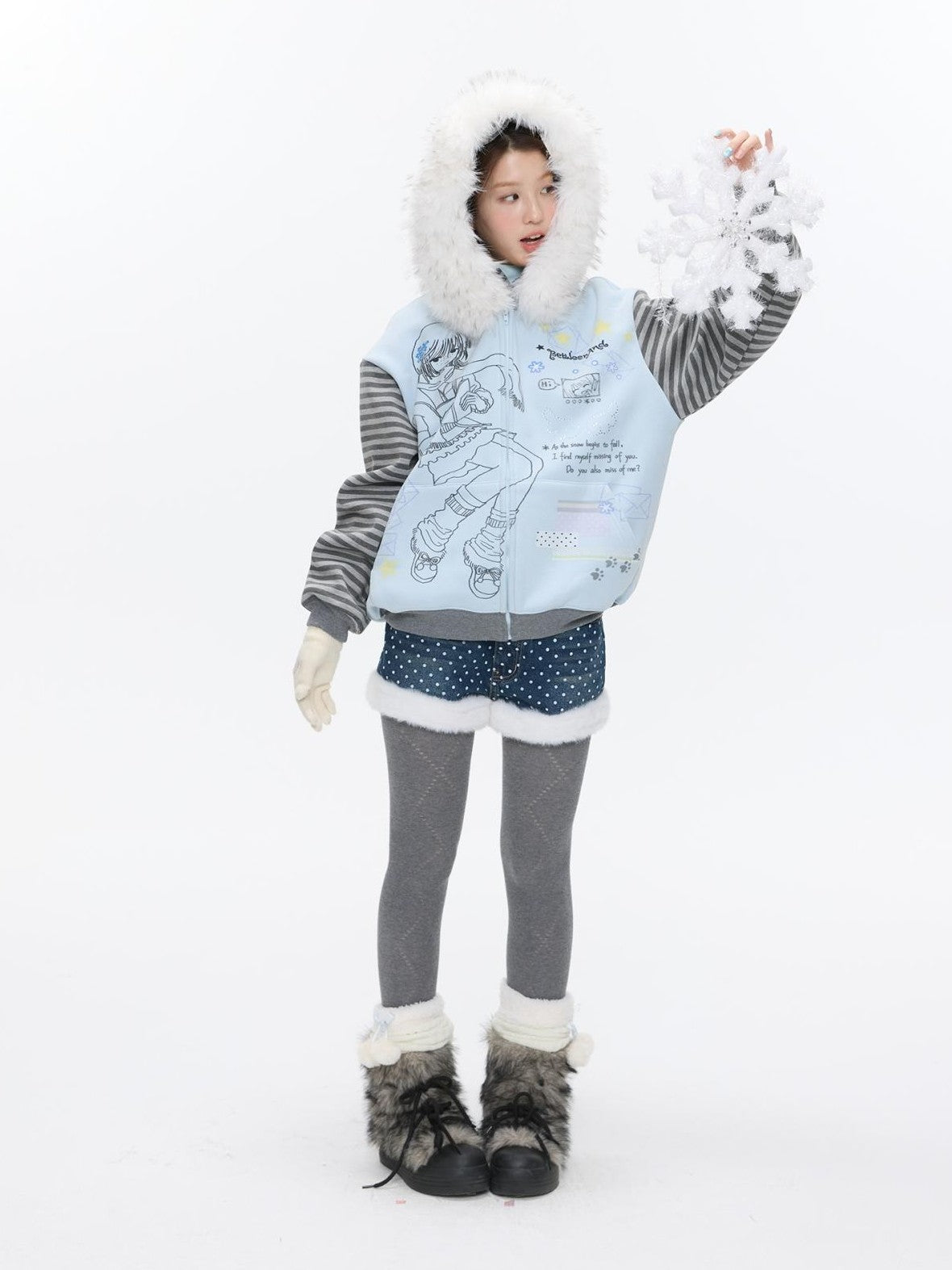 Sea Salt Blue Cartoon Print Rhinestone Hooded Women's Polyester Blend Hoodies