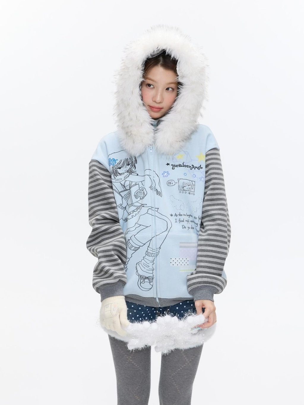 Sea Salt Blue Cartoon Print Rhinestone Hooded Women's Polyester Blend Hoodies