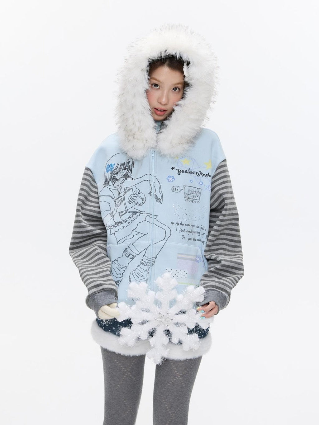 Sea Salt Blue Cartoon Print Rhinestone Hooded Women's Polyester Blend Hoodies