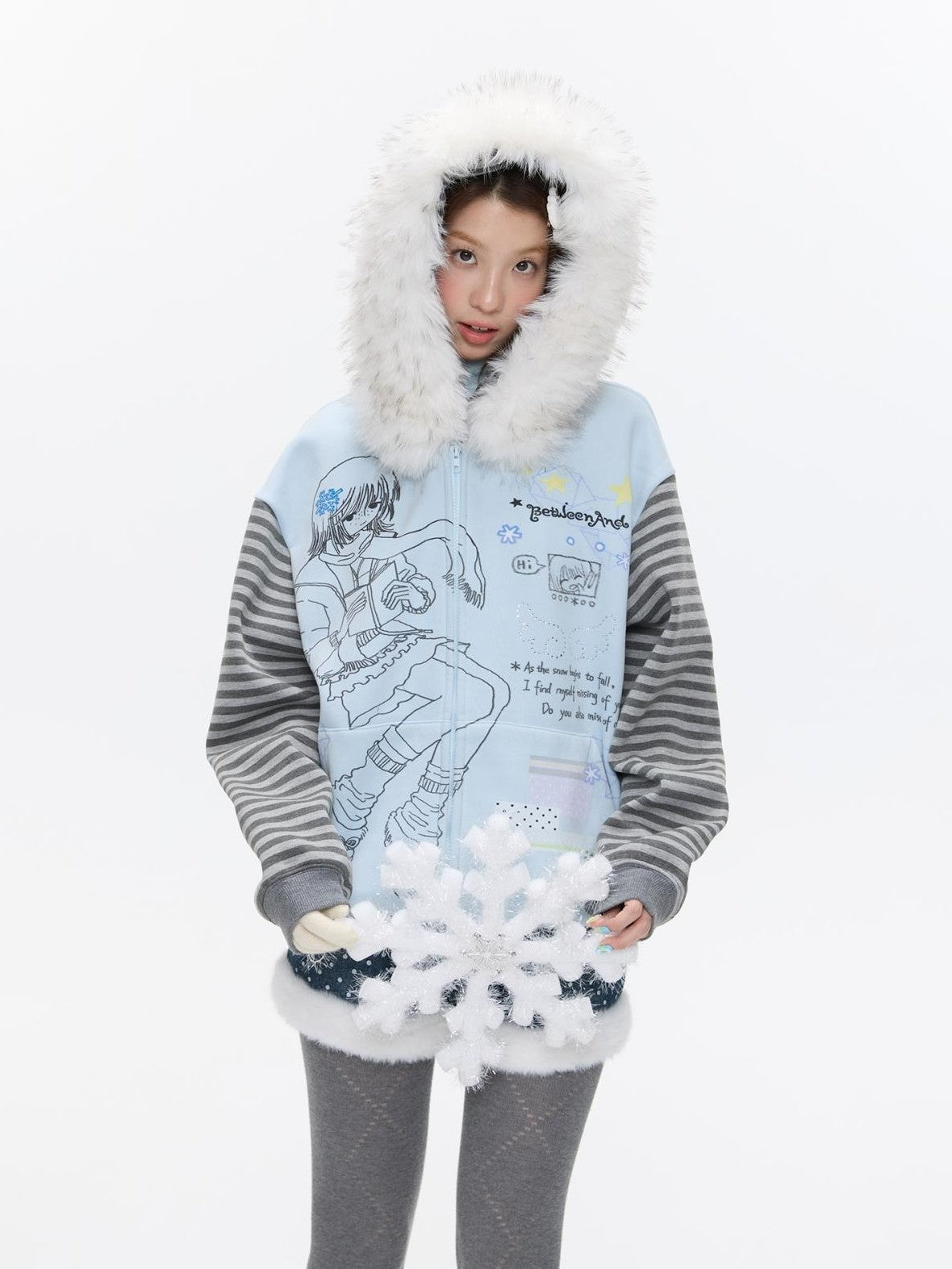 Sea Salt Blue Cartoon Print Rhinestone Hooded Women's Polyester Blend Hoodies