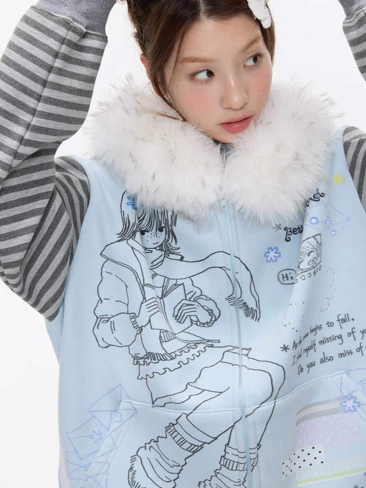 Sea Salt Blue Cartoon Print Rhinestone Hooded Women's Polyester Blend Hoodies