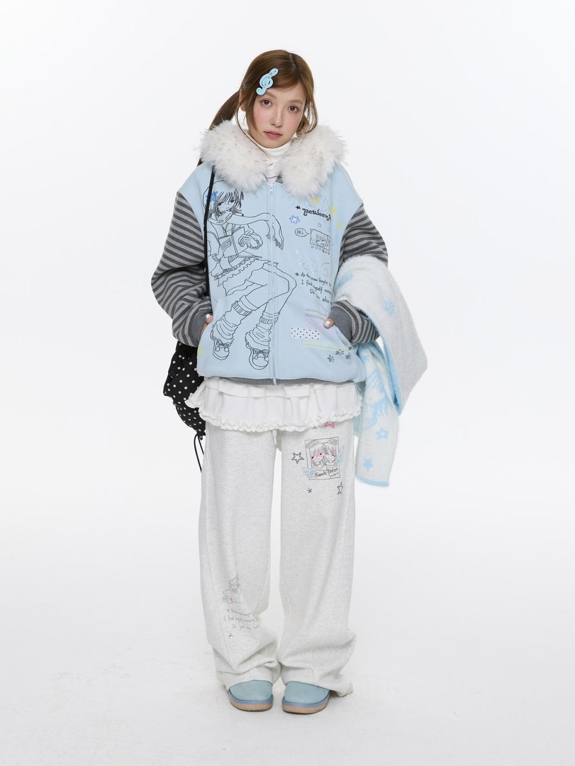 Sea Salt Blue Cartoon Print Rhinestone Hooded Women's Polyester Blend Hoodies