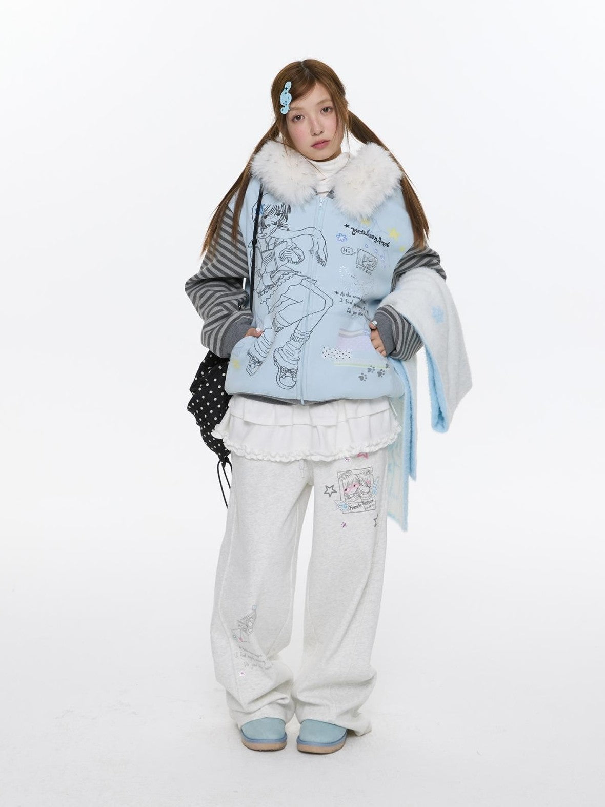 Sea Salt Blue Cartoon Print Rhinestone Hooded Women's Polyester Blend Hoodies
