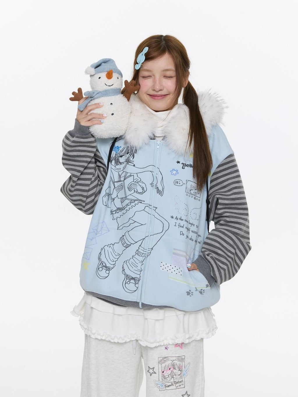 Sea Salt Blue Cartoon Print Rhinestone Hooded Women's Polyester Blend Hoodies