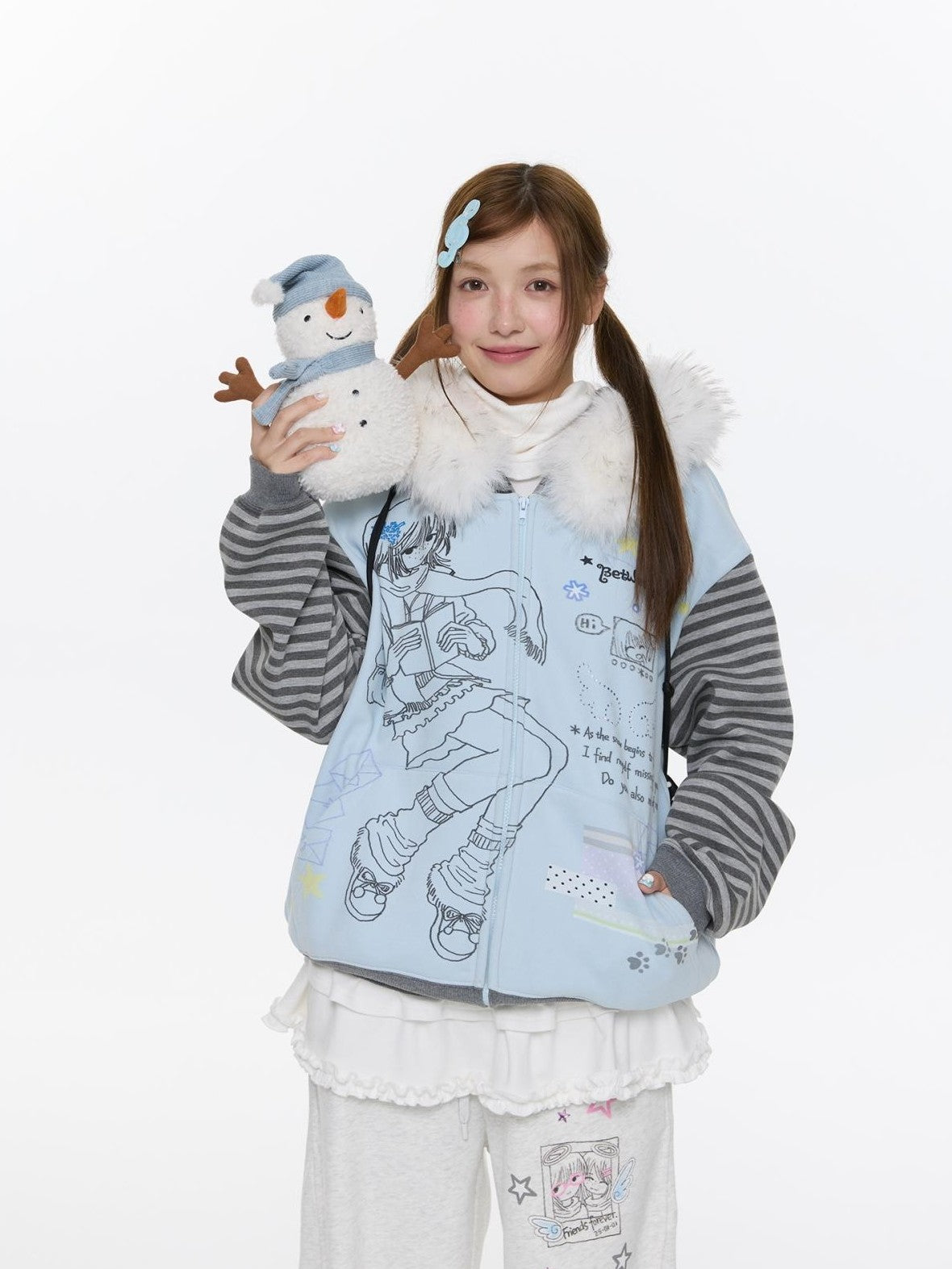 Sea Salt Blue Cartoon Print Rhinestone Hooded Women's Polyester Blend Hoodies