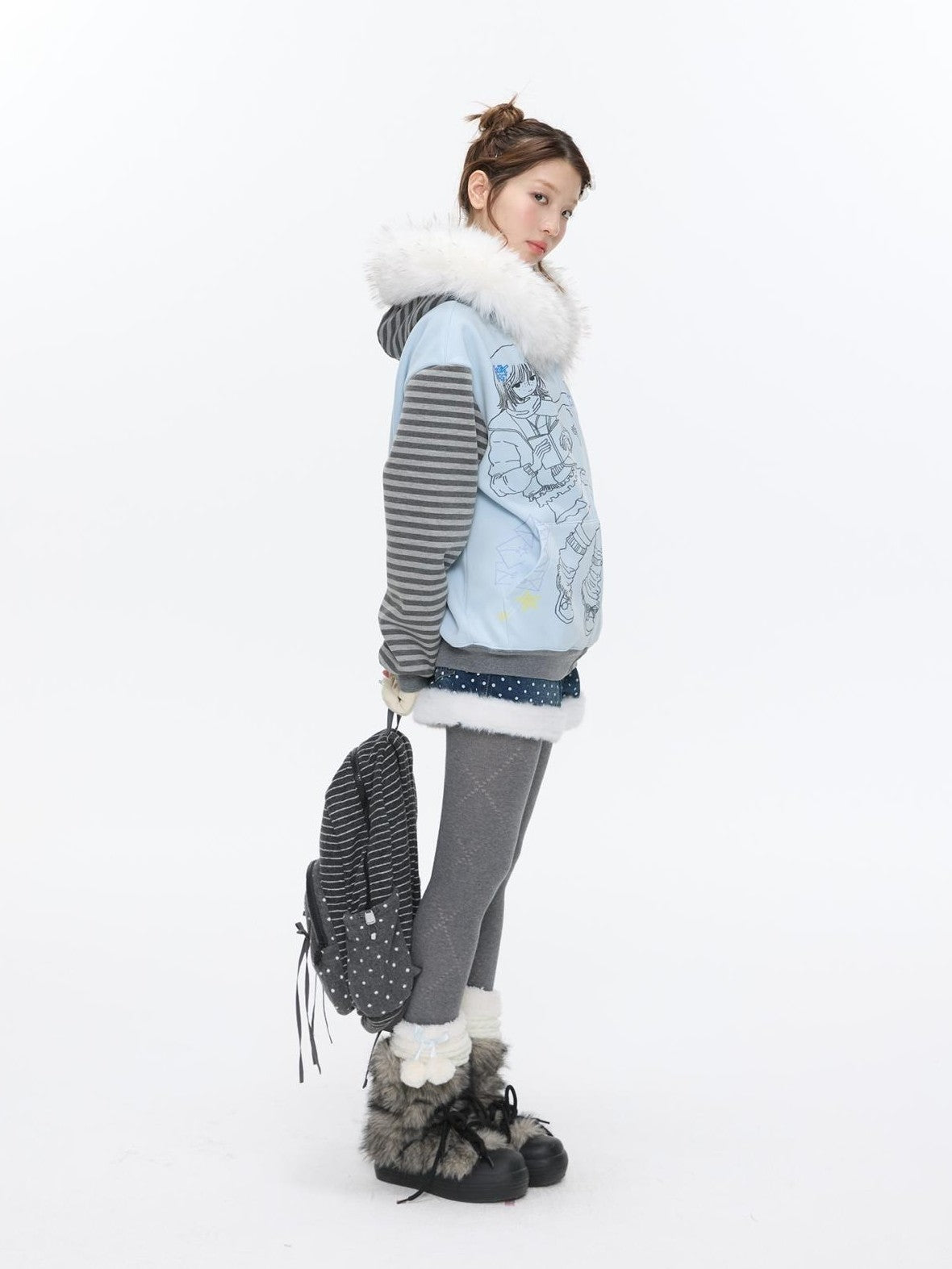 Sea Salt Blue Cartoon Print Rhinestone Hooded Women's Polyester Blend Hoodies