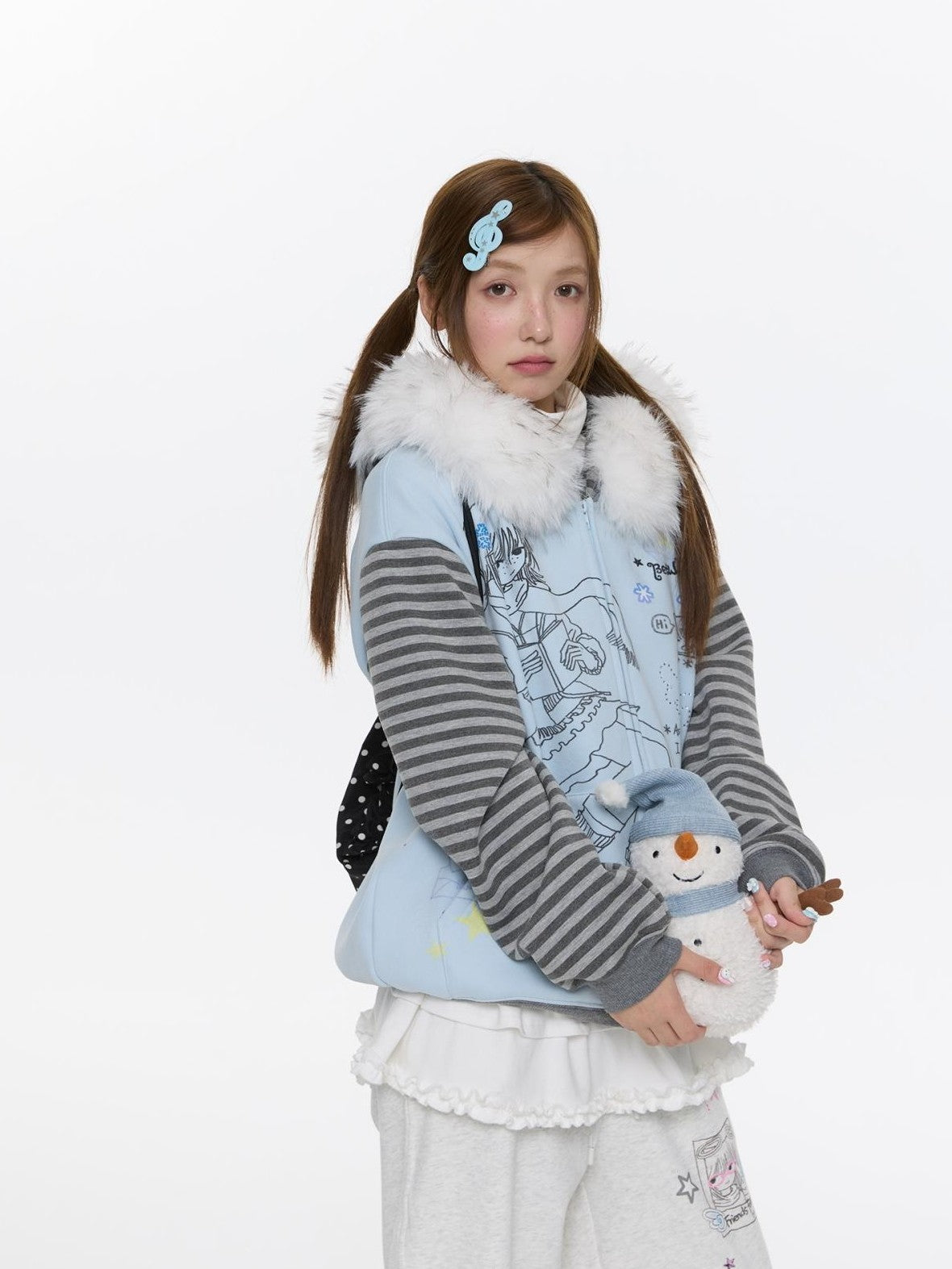 Sea Salt Blue Cartoon Print Rhinestone Hooded Women's Polyester Blend Hoodies