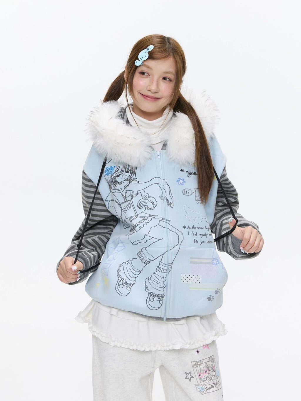 Sea Salt Blue Cartoon Print Rhinestone Hooded Women's Polyester Blend Hoodies